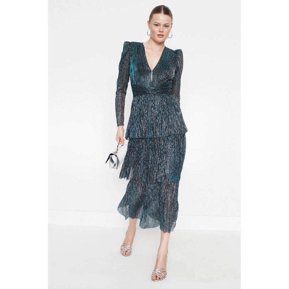 Sabina Musayev Pleated Carry Dress Teal Metallic Tiered Midi V-Neck XS - Picture 1 of 8
